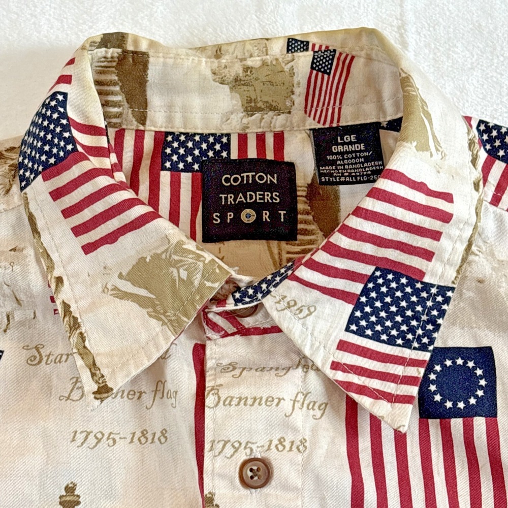 Mens Patriotic Button-up Shirt Size Large 4th July American Flags Cotton Grandpa